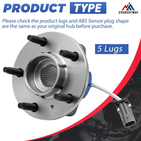 Front Wheel Hub Bearing Assemblies With ABS 5 Lug Two Piece Set for GM cars showing hub and ABS sensor plug.