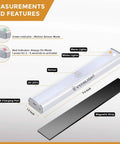 Diagram of Motion Activated LED Lights With 20 LEDs, 3 Color Modes, Rechargeable Battery showing features and measurements