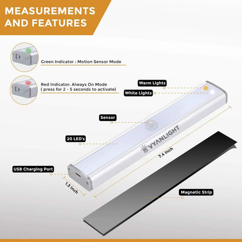 Diagram of Motion Activated LED Lights With 20 LEDs, 3 Color Modes, Rechargeable Battery showing features and measurements