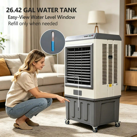 Heavy Duty Evaporative Air Cooler With 5885 CFM Big Blast Airflow And 26 Gal Tank showing easy-view water level window.
