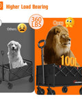 Comparison of foldable lightweight utility wagon cart with wheels holding a lion vs a dog in different load capacities.