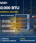 50,000 BTU Hydronic Hanging Unit Heater With Galvanized Steel Housing And Aluminum Tube Heat Exchanger For Fast Efficient Heating In Garages, Workshops And Warehouses HydroX H50 hanging in garage