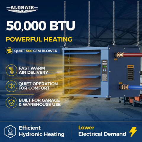 50,000 BTU Hydronic Hanging Unit Heater With Galvanized Steel Housing And Aluminum Tube Heat Exchanger For Fast Efficient Heating In Garages, Workshops And Warehouses HydroX H50 hanging in garage