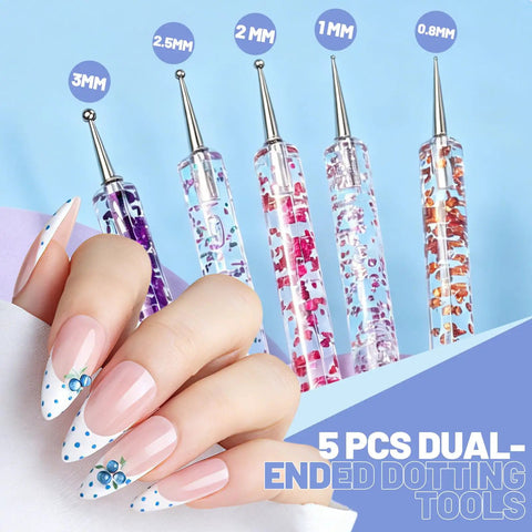 Nail Art Tools Set With 23 Pcs Brushes And 5 Pcs Dotting Tools, close-up of dual-ended dotting tools with acrylic handles