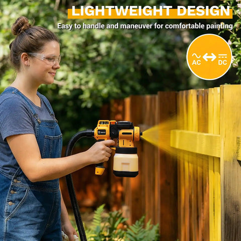Built Tough Cordless Paint Sprayer With 20V Battery And 800W Corded Brushless Spray Gun slaying fence painting outdoors.