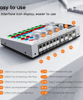 Interface panel of Live Sound Card With Lit RGB Lighting Effects Noise Reduction And Pro Audio Mixer Metal Body And Indicator Panel Audio Interface And Voice Changer DJ Mixer For Live Streaming Gaming Podcasts Karaoke Sessions showing various input and output ports.