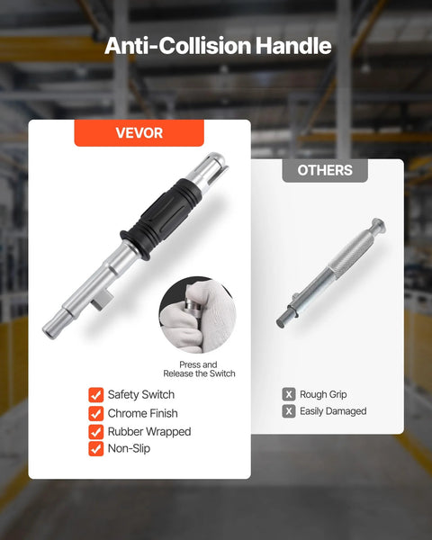 VEVOR permanent magnetic lifter with release handle and steel hook; front view with anti-collision grip.