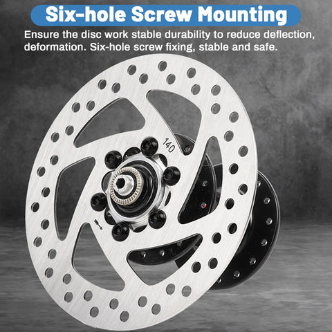 140mm 6-Bolt Stainless Steel Bike Disc Brake Rotor For Road, Mountain, BMX And Electric Scooters, Rustproof, Beefy Strength, Durable Replacement Rotor For MTB, Hybrid, And Everyday Rides, featuring six-hole screw mounting.