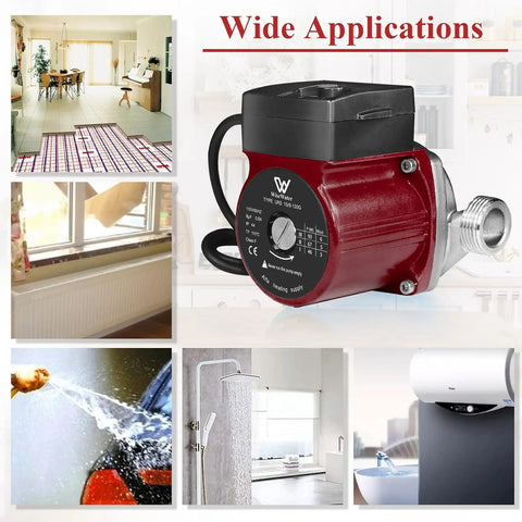 Heavy Duty 304 Stainless Steel Hot Water Recirculating Pump With Three Speed Settings And Full Copper Coil shown in various applications.