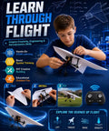 Boy demonstrating Electric Paper Airplane Kit With Gyro Stabilizer And Dual Propellers Foldable Remote Control Plane Launcher