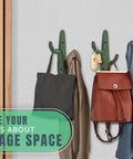 Roll With That Chill Southwest Vibe Using This Set Of Three Rustic Green Cast Iron Cactus Wall Hooks Designed With Dual Arms To Hang Keys Towels Or Bags Effortlessly Making Them An Ultimate Flex For Any Boho Or Desert Space Today, displaying bags and coats.