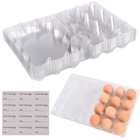 12 Count Clear Plastic Egg Cartons Bulk Pack With Sturdy Snap Lids No Fuss Reusable Egg Storage For Farm Market Or Family Kitchen Holds Up To 12 Eggs Securely With Tight Seal Perfect 4 By 3 Tray For Safe Egg Organization with eggs and labels