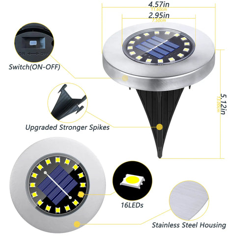 Diagram of waterproof outdoor solar ground lights disk LEDs 16 lamp array showing dimensions and features like upgraded spikes.