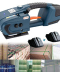 Heavy Duty Electric Welding Strapping Tool For PP PET Bands, handheld battery powered strapping gun with two rechargeable batteries.