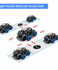Mecanum-wheeled robot car kit with blue wheels shown in multiple angle views.