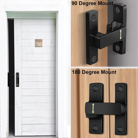 Heavy Duty Barn Door Latch Set With 90 Degree Gate Latches For Sliding Doors Matte Black Zinc Alloy Finish mounted on wood