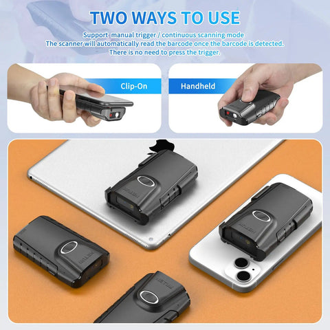 2D Bluetooth Barcode Scanner E800 Portable Gun Style 3 In 1 QR Reader With Back Clip for tablet and phone usage and attachment options.