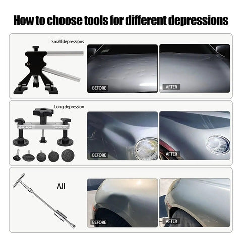 Comparison of dent repair using Diy Car Dent Repair Kit With Slide Hammer And Glue Puller, showing before and after on car surface.