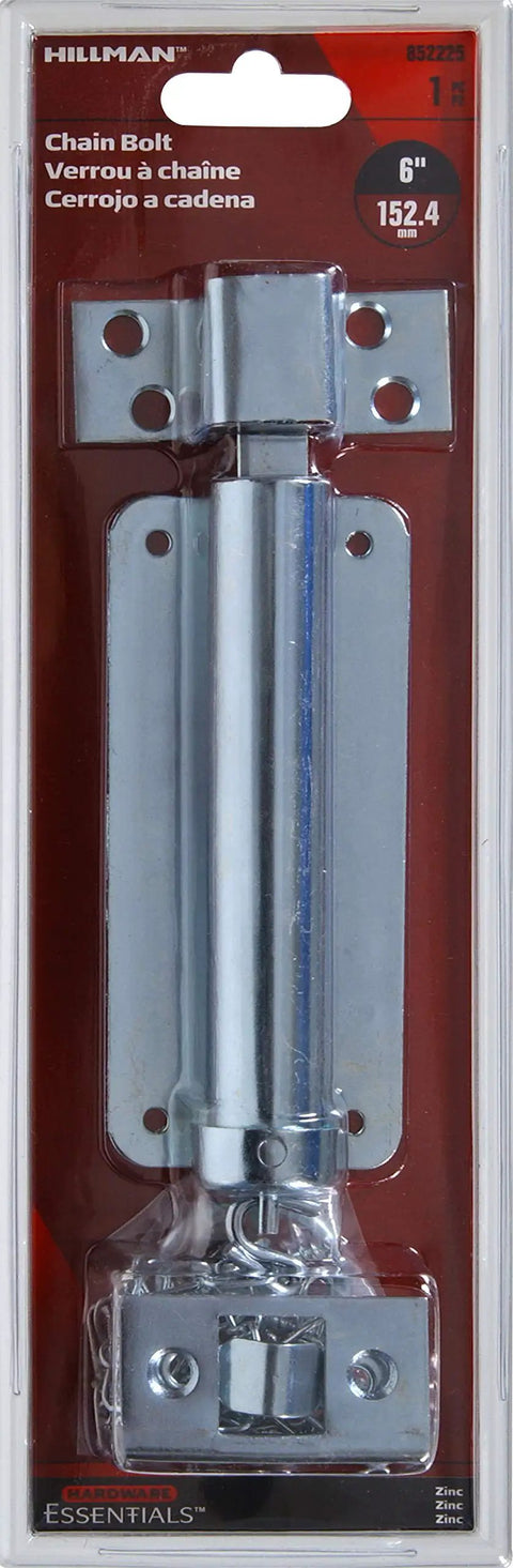 Package of Zinc-Plated Chain Bolt 6-Inch For Doors Sheds And Gates Snug Fit Security Latch with mounting hardware.