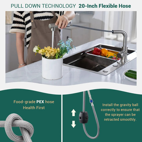 Bar Sink Faucet With Pull Out Sprayer Stainless Steel Kitchen Faucet With Single Handle in use on a kitchen sink.