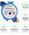 DN20 Water Meter 3/4 Inch NPT, AWWA C712 Certified Gallon Water Flow Meter, corrosion-resistant eco brass, front view with dial reading.