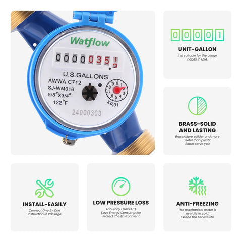 DN20 Water Meter 3/4 Inch NPT, AWWA C712 Certified Gallon Water Flow Meter, corrosion-resistant eco brass, front view with dial reading.