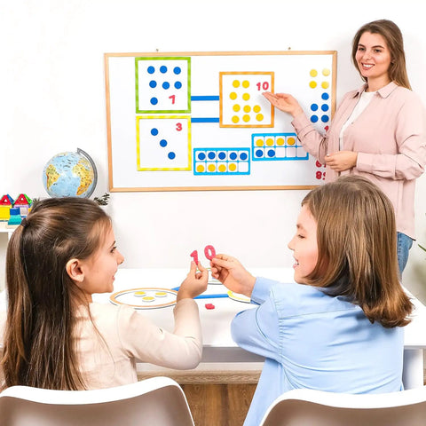 Teacher using 84 Piece Magnetic Number Bonds and Magnetic Ten Frames Set on whiteboard with students learning math