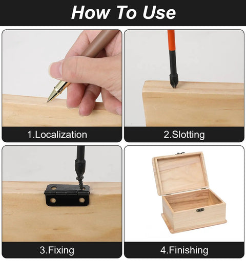 Step-by-step guide to using 50 Pairs Small Hinges Set For DIY Projects on wooden gift cases.