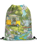 Water Resistant Drawstring Backpack For Camping And Travel With Watercolor Flower Landscape Print featuring yellow camper van design