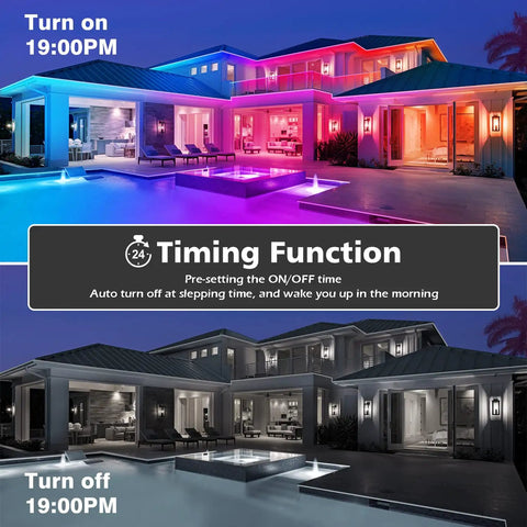 Outdoor Waterproof LED Strip Lights 100 Ft RGB Color Changing With Music Sync IP65 Rope Lights illuminating a house roof and pool