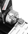 Garosa Mini Metal Lathe High Precision 20K RPM Turning Machine For Soft Metals And Acrylic 0.02mm Accuracy Compact Benchtop Tool close-up of precision chuck and bed for fine detail work.
