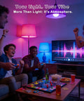 Room illuminated by Color Changing Light Bulbs 5W A19 RGB LED with people enjoying a game night, vibrant ambience visible.