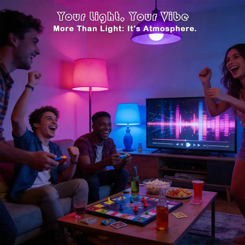 Room illuminated by Color Changing Light Bulbs 5W A19 RGB LED with people enjoying a game night, vibrant ambience visible.