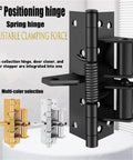 Single Piece Automatic Self Closing Door Hinge With Precise Positioning For 90 Degree Openings Integrated Spring Hinge Closer And Stopper In Gold Finish shown in black with multi-color options