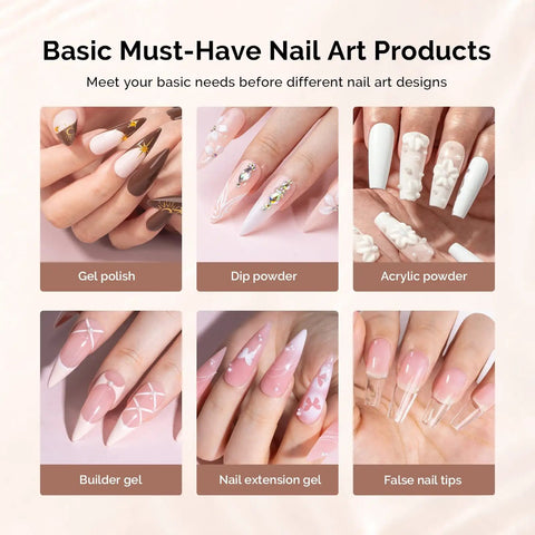 Basic nail art products including gel polish, dip powder, acrylic powder, builder gel, nail extension gel, and false nail tips.