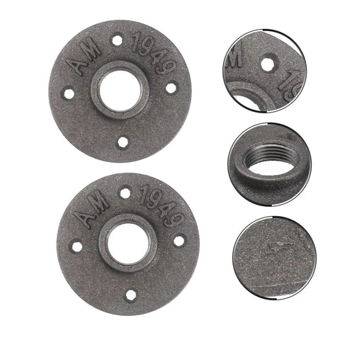 Two Pack Vintage Malleable Iron Floor Flange Set, Wall Mounted Threaded Fittings for Plumbing and Home Decor, close-up