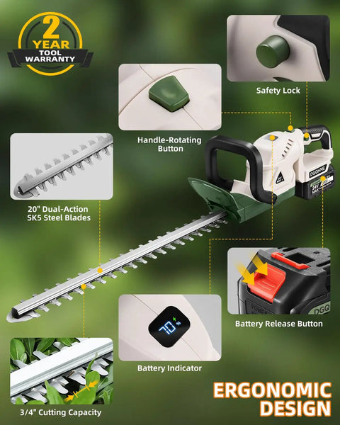 20 Inch Cordless Hedge Trimmer With Dual Rechargeable Batteries showing safety lock and ergonomic features