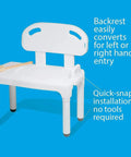 Universal Tub Transfer Bench Bath Seat with Backrest and Adjustable Legs for Left or Right Hand Entry on blue background