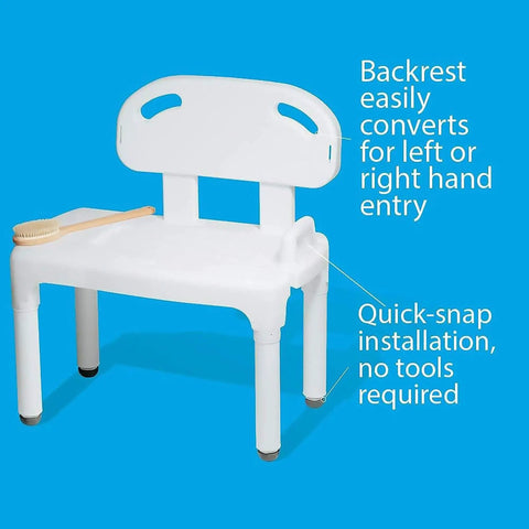 Universal Tub Transfer Bench Bath Seat with Backrest and Adjustable Legs for Left or Right Hand Entry on blue background