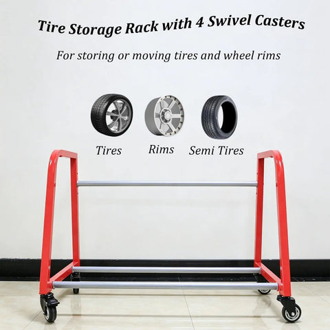 Heavy Duty Tire Storage Rack And Rim Organizer Shelf With Locking Casters Solid Steel Frame, red design for tires and rims.