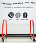 Heavy Duty Wall Mount Wheel Shelf Holds Four Tire Rims Adjustable Garage Storage Rack, red metal frame with swivel casters.