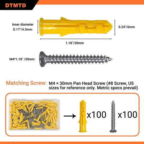 Wall Anchor Kit With 100 Ribbed PE Anchors And 100 304 Stainless Steel Screws For Hollow Brick Porous Concrete And Aerated Block