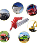 One Hand Grip Grease Gun With Pneumatic Air Pump And Extension Set For Home Shop And Outdoor Use Heavy Duty Metal Construction 14 Oz Capacity Red And Silver Pro Grade DIYer Favorite Tool with various vehicles and machinery.