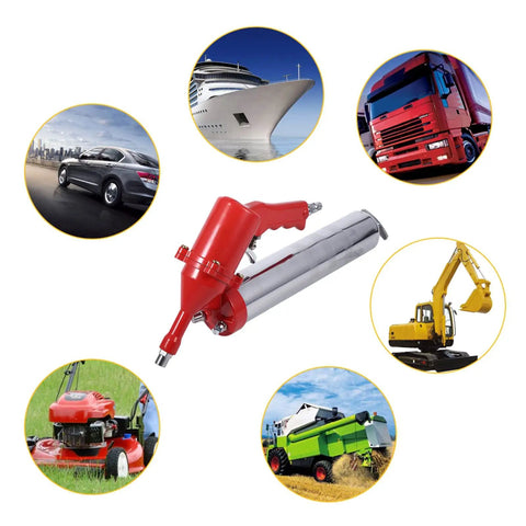 One Hand Grip Grease Gun With Pneumatic Air Pump And Extension Set For Home Shop And Outdoor Use Heavy Duty Metal Construction 14 Oz Capacity Red And Silver Pro Grade DIYer Favorite Tool with various vehicles and machinery.