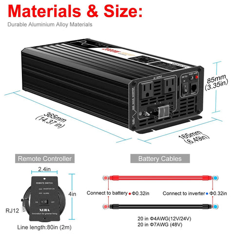 2000W Pure Sine Wave Inverter 12V To 120V AC Converter dimensions and materials