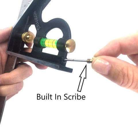 6-Inch Combo Square With Stainless Steel Rule Cast Zinc Body Bubble Vial And Brass Bolt showing built-in scribe feature