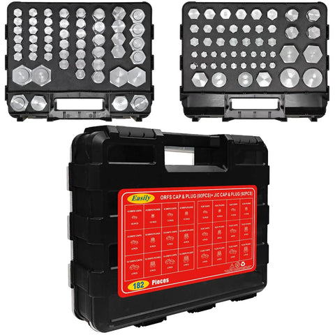 Heavy Duty 182 Piece Hydraulic Cap And Plug Kit For JIC 37 Degree And ORFS Fittings With 45 O Ring Seals Black Double Sided Organizer All In One Caps And Plugs For Hose Tube And Pipe Fits 4 6 8 10 12 16