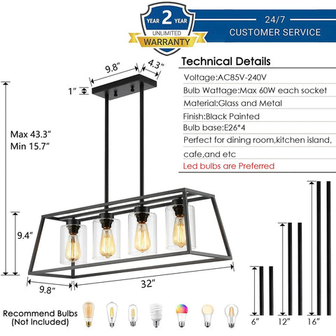 Technical illustration of Dope Modern Farmhouse Linear Pendant Light Fixture With Glass Shade Four Light Black Steel Dining Room Chandelier