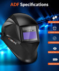 Auto Darkening Welding Helmet With Solar Power, Wide 3.66 by 1.69 Inch Viewing Size, Two Arc Sensors, Shade Range 4/9-13 shown front view