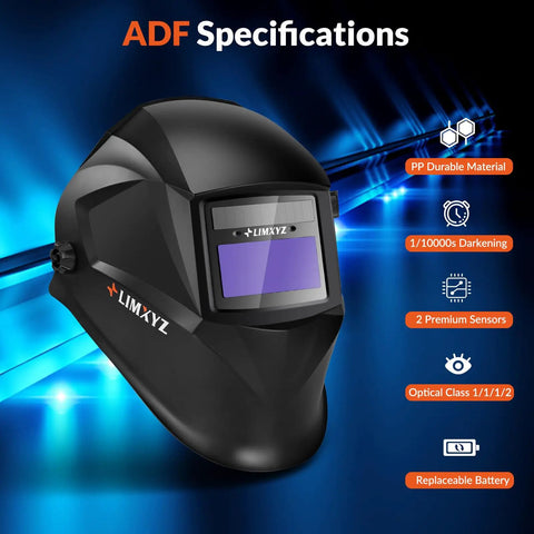 Auto Darkening Welding Helmet With Solar Power, Wide 3.66 by 1.69 Inch Viewing Size, Two Arc Sensors, Shade Range 4/9-13 shown front view